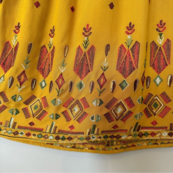 Women M Boho Long Sleeve Dress Embroidered V Neck India Mustard Gold Geometric - Picture 6 of 11